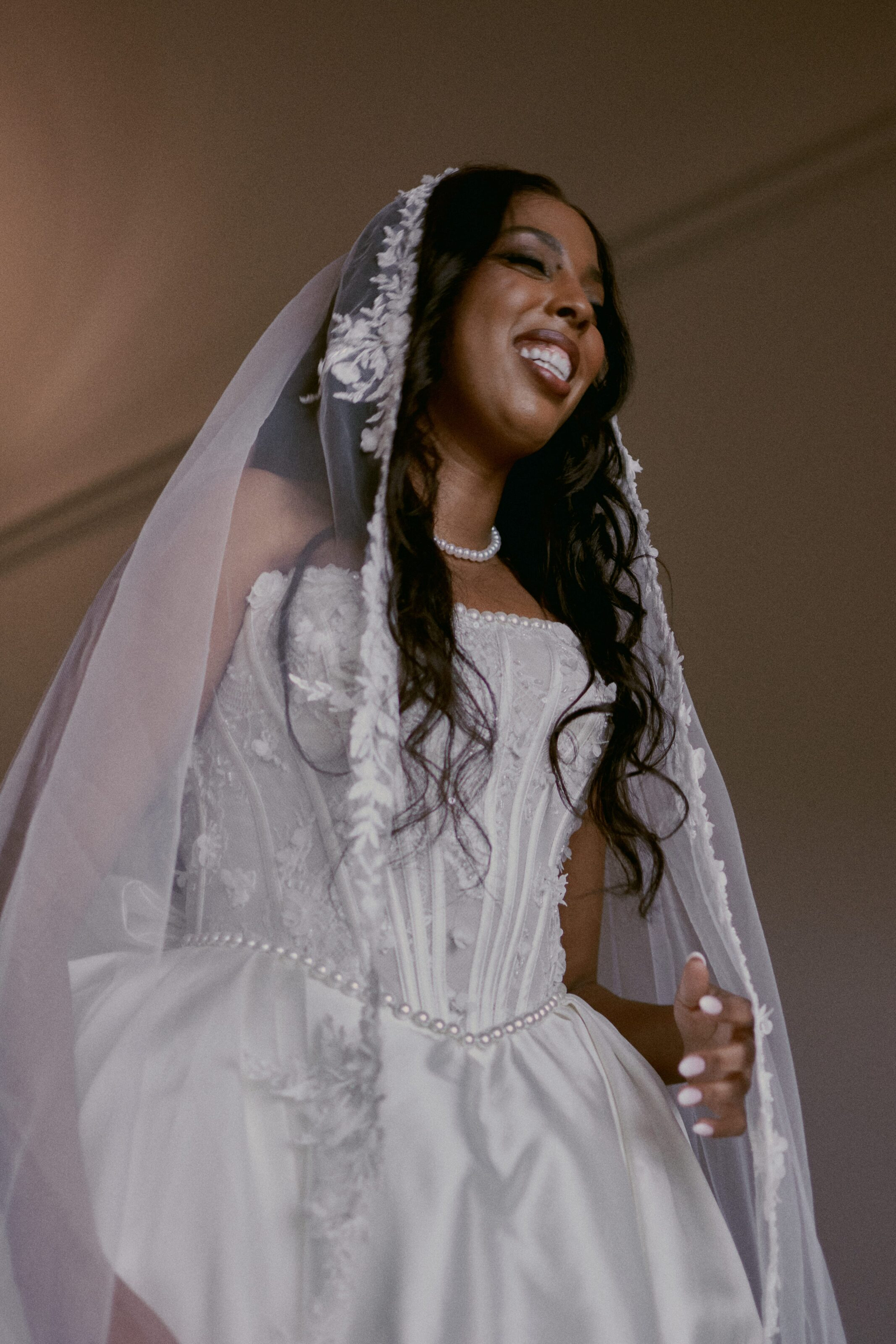 Bride smiling during golden hour