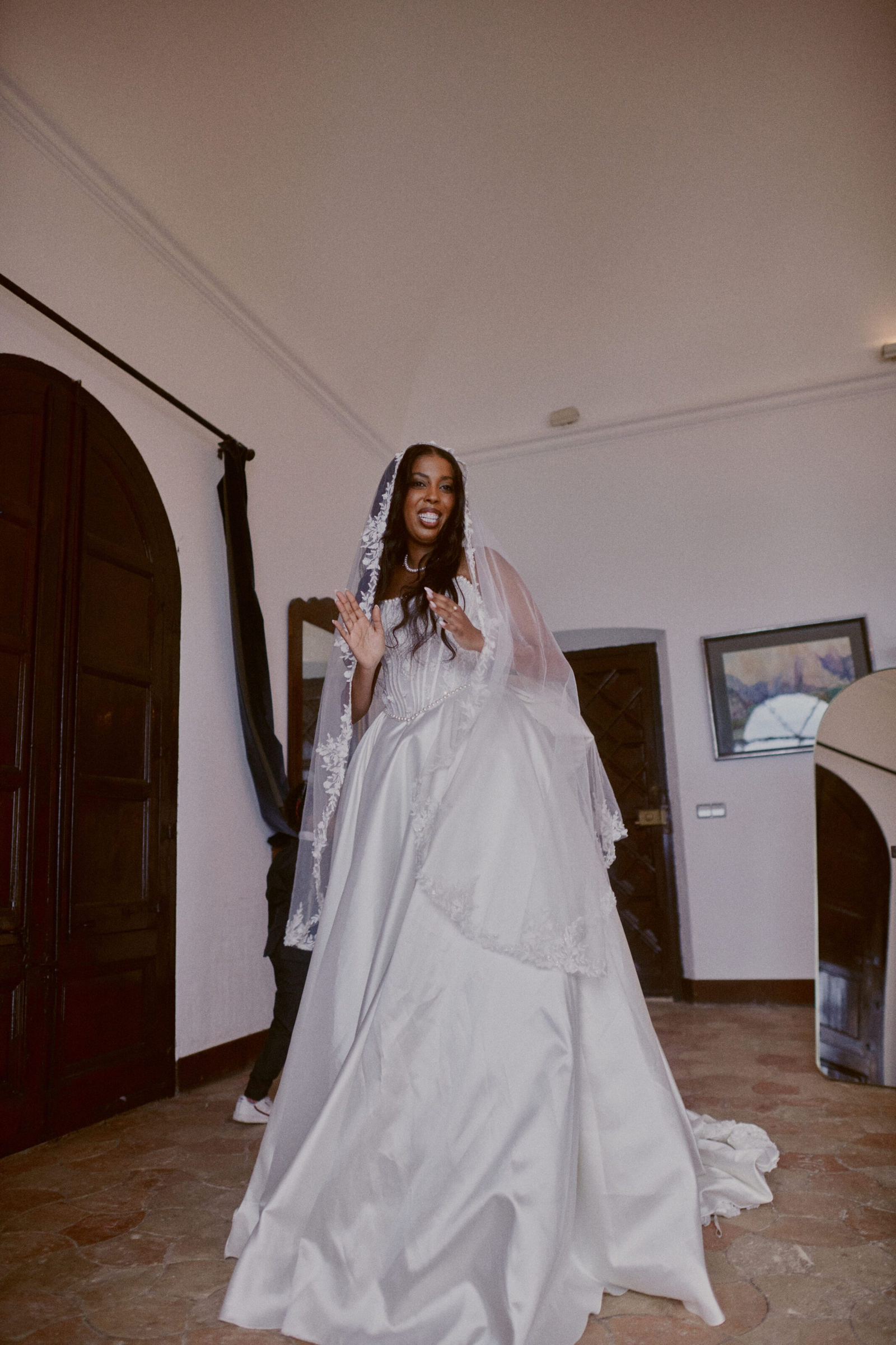 Bride and groom under the trees