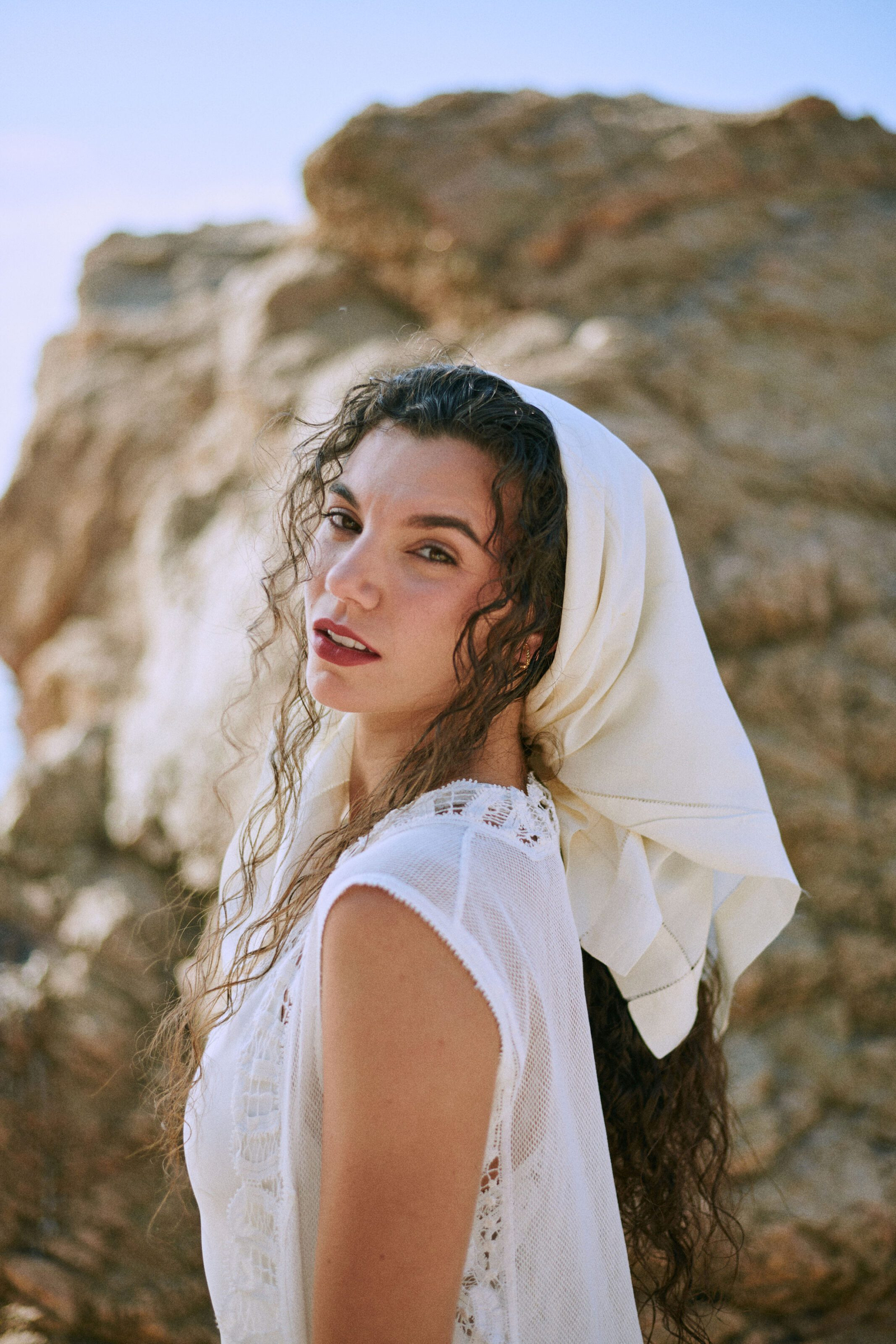 Bride looking over shoulder