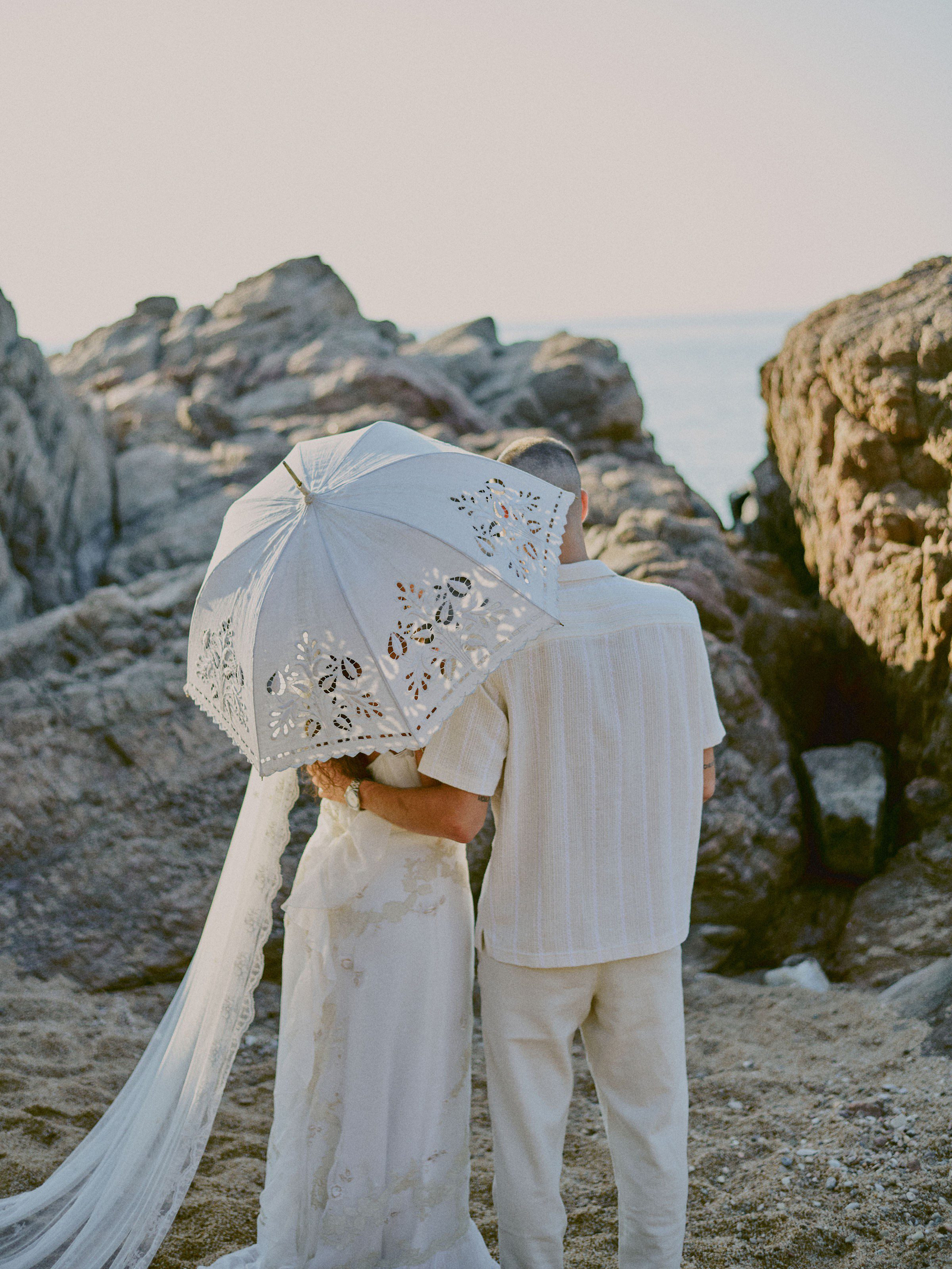 Bride looking over shoulder